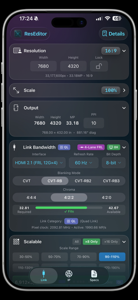 Interface of the ResEditor app displaying a video link bandwidth calculator for HDMI 2.1 with technical parameters like resolution, refresh rate, and chroma subsampling.