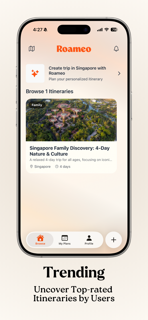 Roameo: Explore, Swipe, Go - Roameo app interface showing trending user itineraries for travel planning