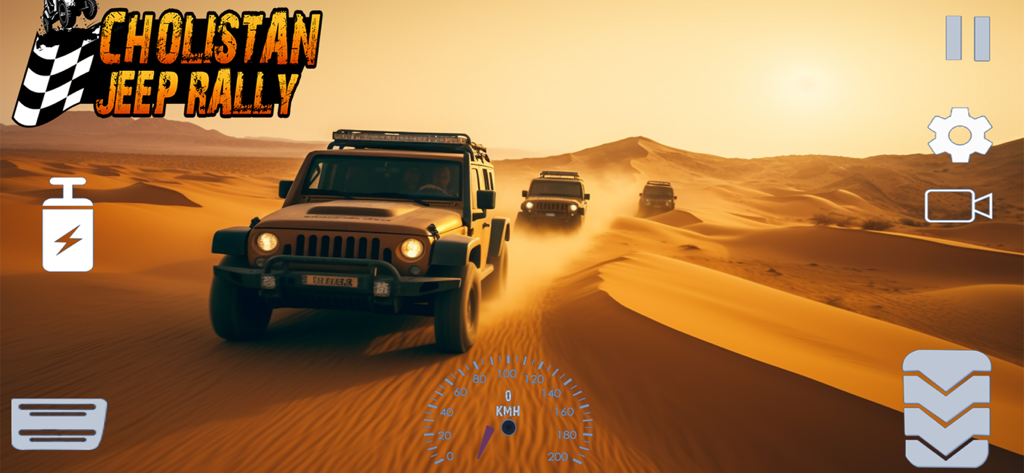 4x4 Offroad Jeep Driving - Multiple 4x4 jeeps racing through sand dunes in a desert offroad rally at sunset