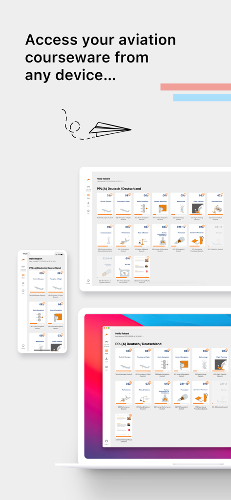 CAT eLearning app interface displayed across a smartphone, tablet, and laptop showing aviation training modules.