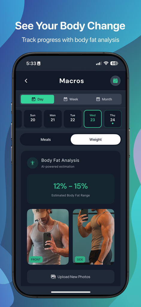 NutriCam app interface showing AI body fat analysis and progress photos