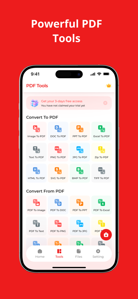 PDF Converter : Scan & Editor - Mobile app screen showing various PDF conversion tools for images and office documents