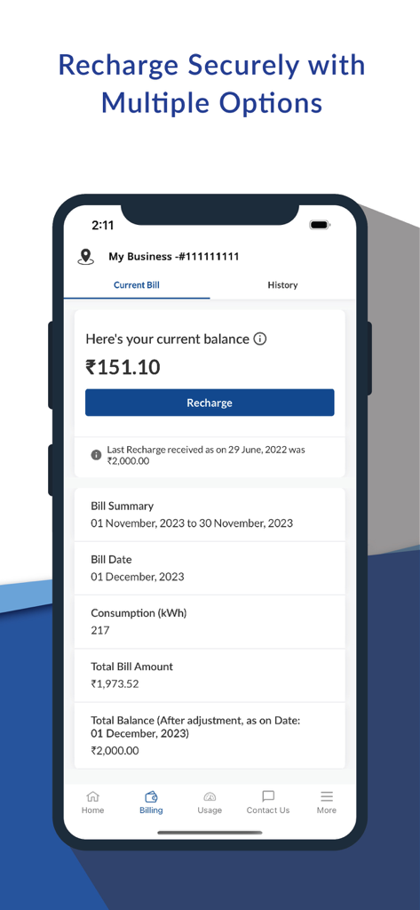 MGVCL Smart Meter - MGVCL Smart Meter app interface showing current bill summary and recharge options
