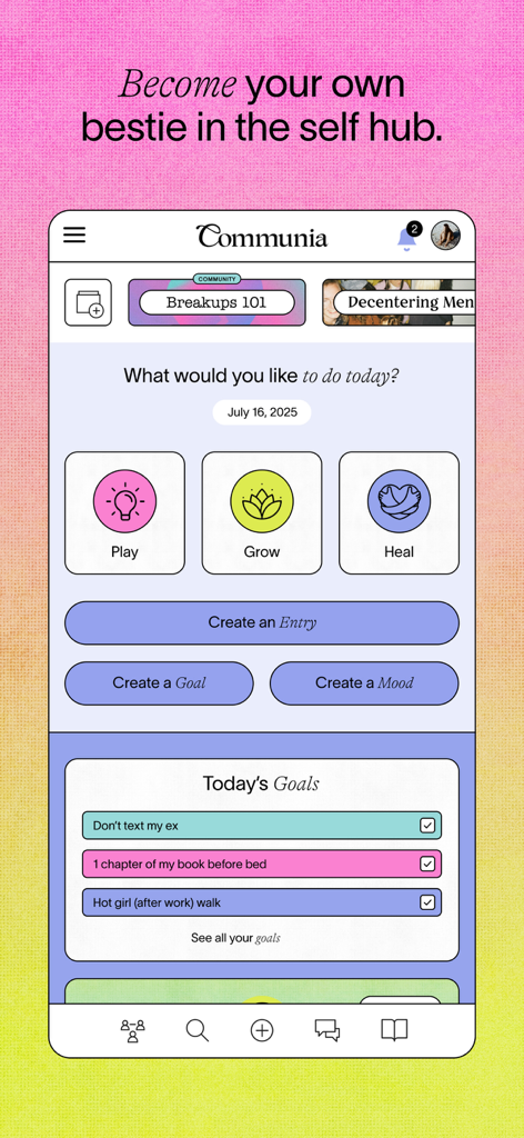 Interface de l'application Communia montrant le centre personnel avec des objectifs de bien-être comme ne pas texter mon ex et des options pour le journaling et le suivi de l'humeur.