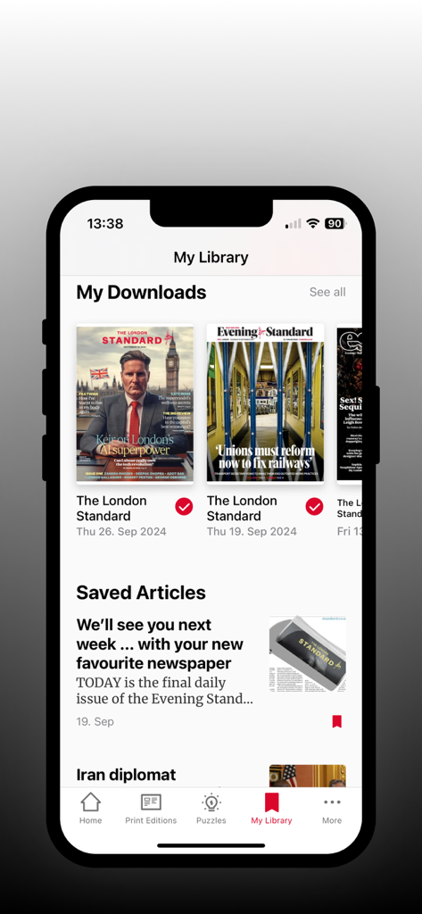 The London Standard - Interface of The London Standard mobile app showing the My Library screen with downloaded digital newspaper editions and saved articles