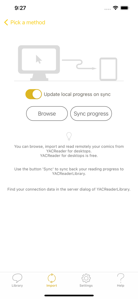 Import and sync comics screen in YACReader showing desktop connection and progress update options