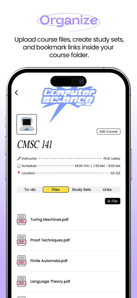 Screenshot of the Folderly app showing a Computer Science course folder with organized PDF files and class schedule information