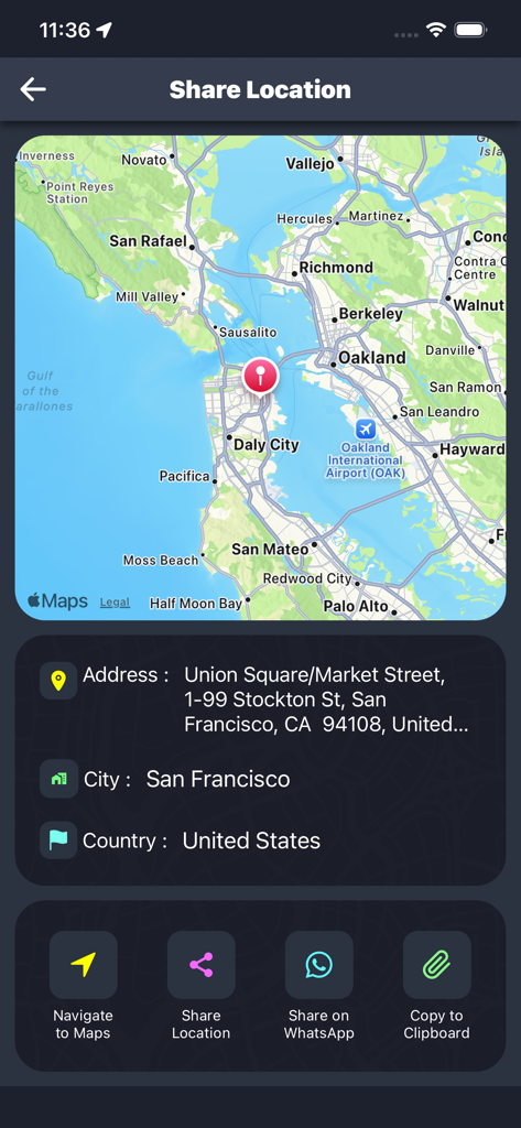 Find Phone Number Location - Una interfaz móvil que muestra la función de compartir ubicación con un mapa de San Francisco e información detallada de la dirección
