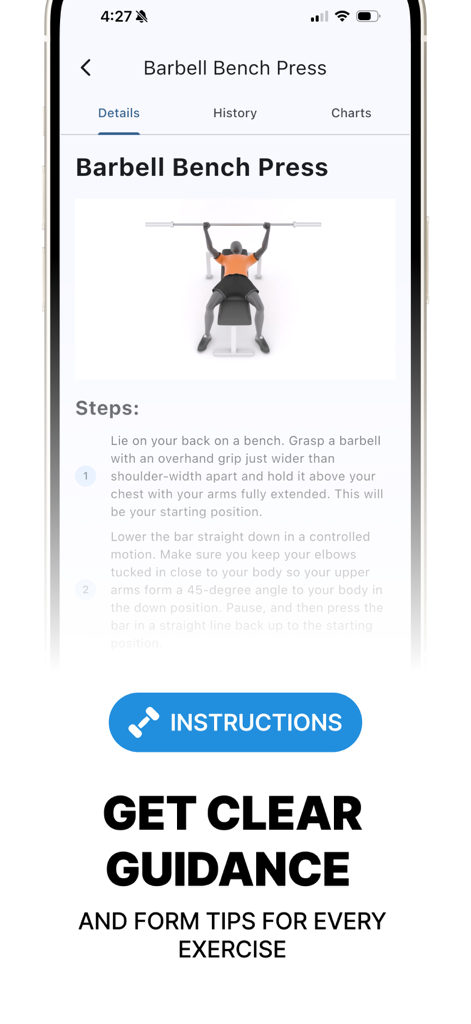LiftTrack: Strength Training - LiftTrack mobile app screen showing barbell bench press instructions and form tips.