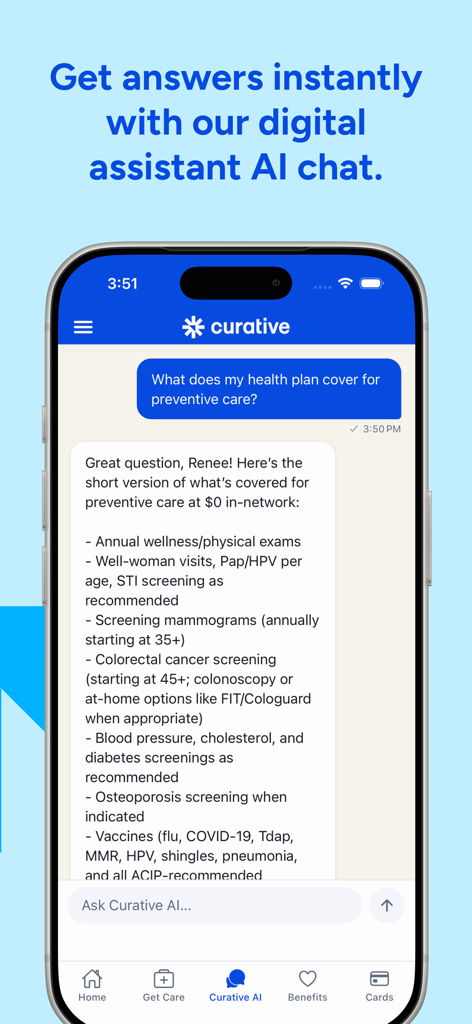 Curative - La interfaz de la aplicación Curative que muestra un chat con el asistente digital de IA sobre la cobertura del plan de salud para atención preventiva.