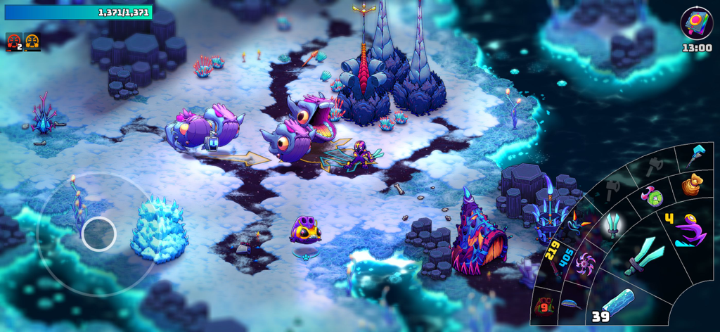 Crashlands 2 - Crashlands 2のトップダウンアクションRPGゲームプレイ。キャラクターのFlux Dabesが、クリーチャーと戦闘UIのある雪に覆われたエイリアンの環境にいる