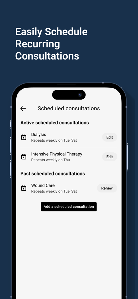 Medecin A Domicile (MAD) - Interface do aplicativo mostrando uma lista de consultas médicas ativas e passadas agendadas para serviços de cuidados domiciliares.