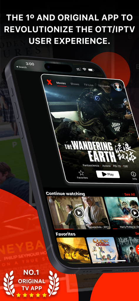 Interfaz de la aplicación premium IPTVX en un iPhone mostrando la biblioteca de películas