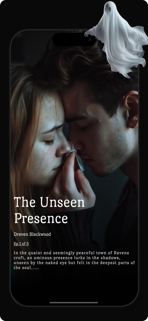 Texting Story - Chat Story - A screen from the Texting Story app featuring a young couple and a ghost overlay for a horror story titled The Unseen Presence.