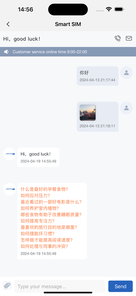 TOPSIM - TOPSIM app customer support chat interface featuring messages in English and Simplified Chinese