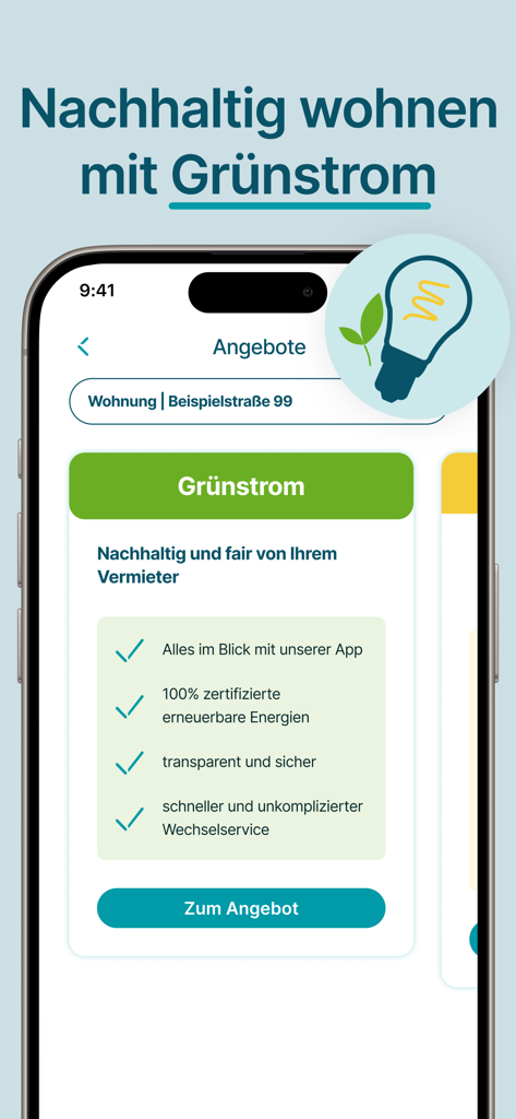 Screenshot der Mein Vonovia App, die ein Angebot für Ökostrom und nachhaltige Living Services zeigt.