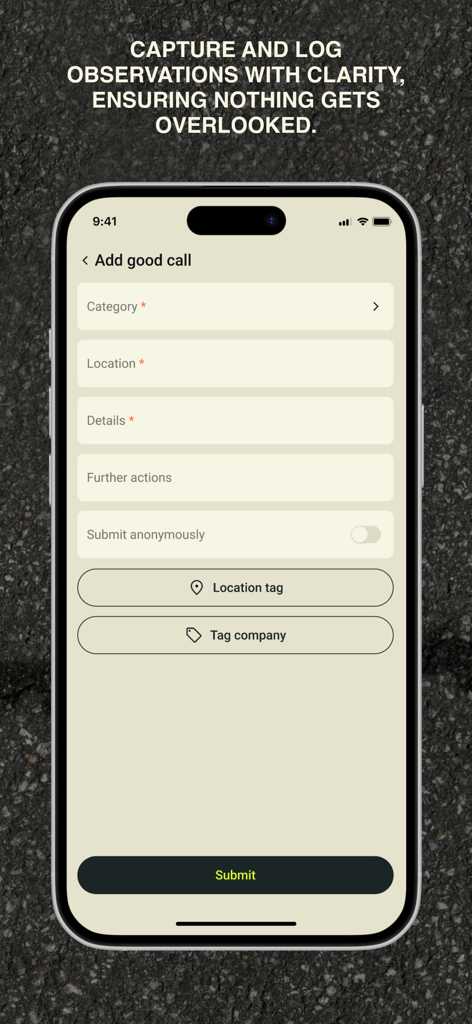 innDex - Mobile screen showing a digital form for reporting site observations and safety updates in the innDex construction app