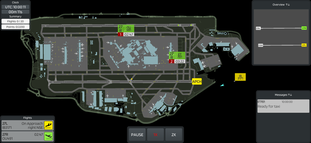 Vista cenital de la disposición de un aeropuerto y un panel de gestión de vuelos en el juego de simulación de control de tráfico aéreo Hello Tower