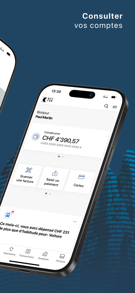 BCF Banking mobile app interface showing account balance and financial management options on an iPhone.