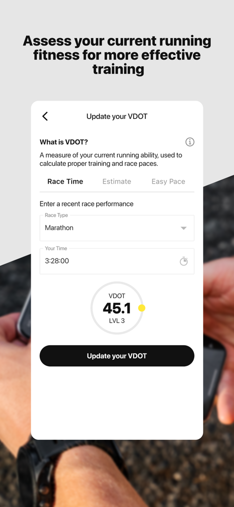 V.O2: Running Coach - V.O2 app screen showing a VDOT score of 45.1 calculated from a marathon race time.