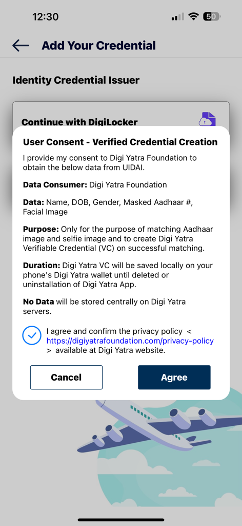 Digi Yatra - User consent pop-up for verified credential creation in the Digi Yatra app