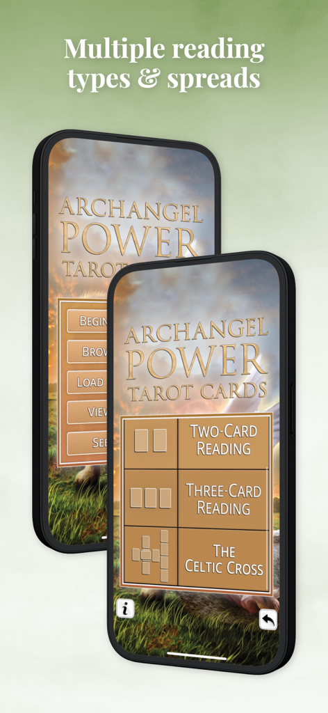 Archangel Power Tarot Cards - Interface showing multiple tarot card reading types and spreads within the Archangel Power Tarot app
