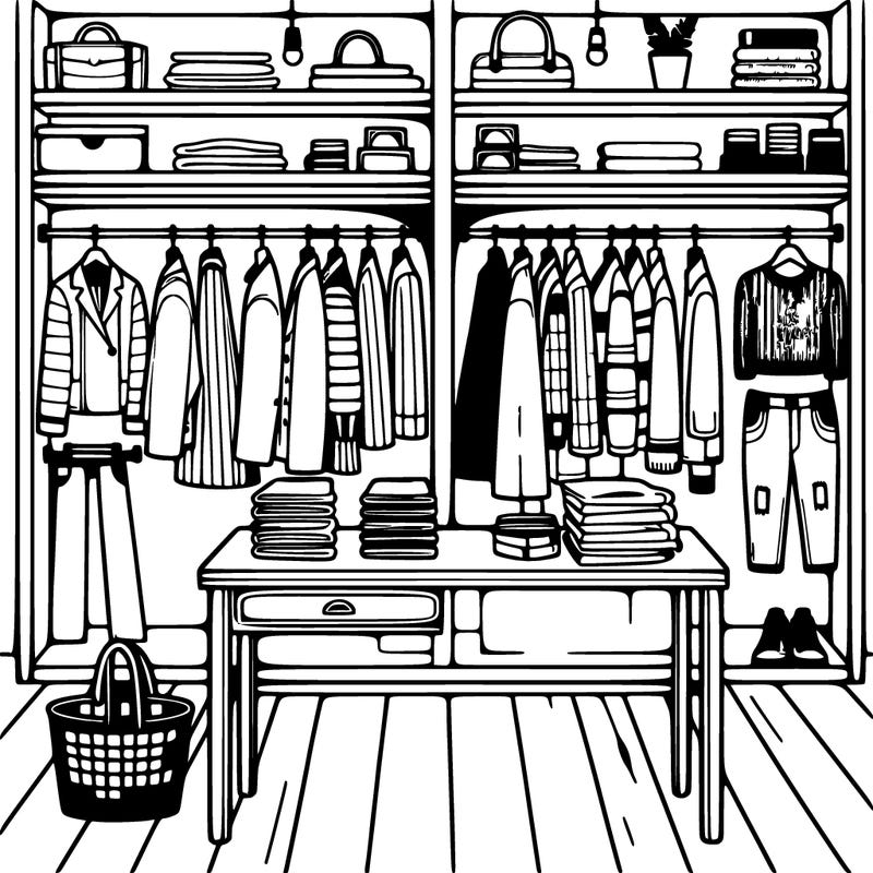 inside of a clothing store with racks of clothes and shelves