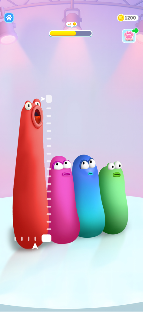 Minilax: Antistress Games - Gameplay screenshot of Minilax showing colorful stretchy blob characters with expressive faces