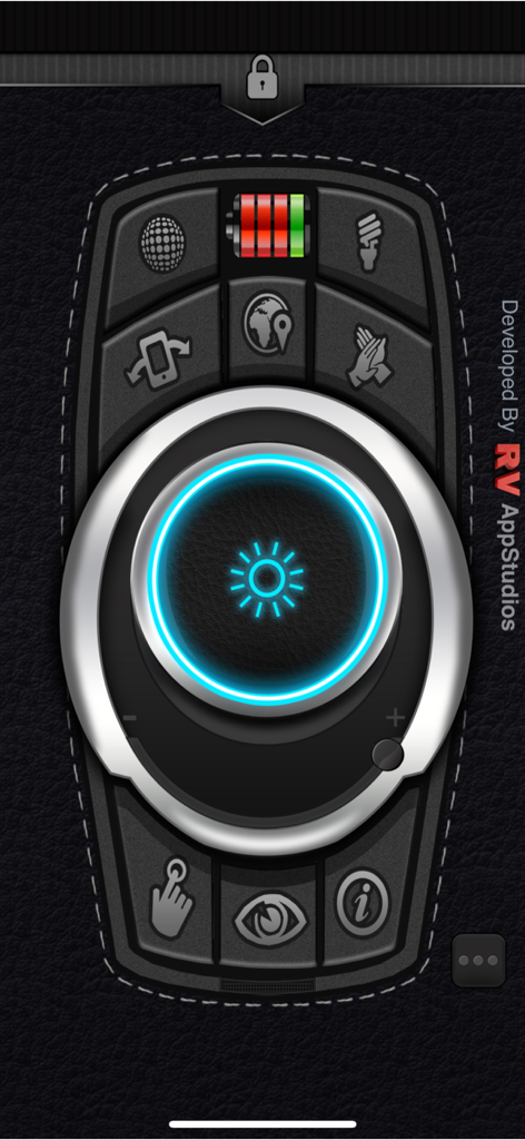 懐中電灯アプリのメインコントロールダッシュボード。大きな光る電源ボタンとユーティリティアイコンが特徴です。