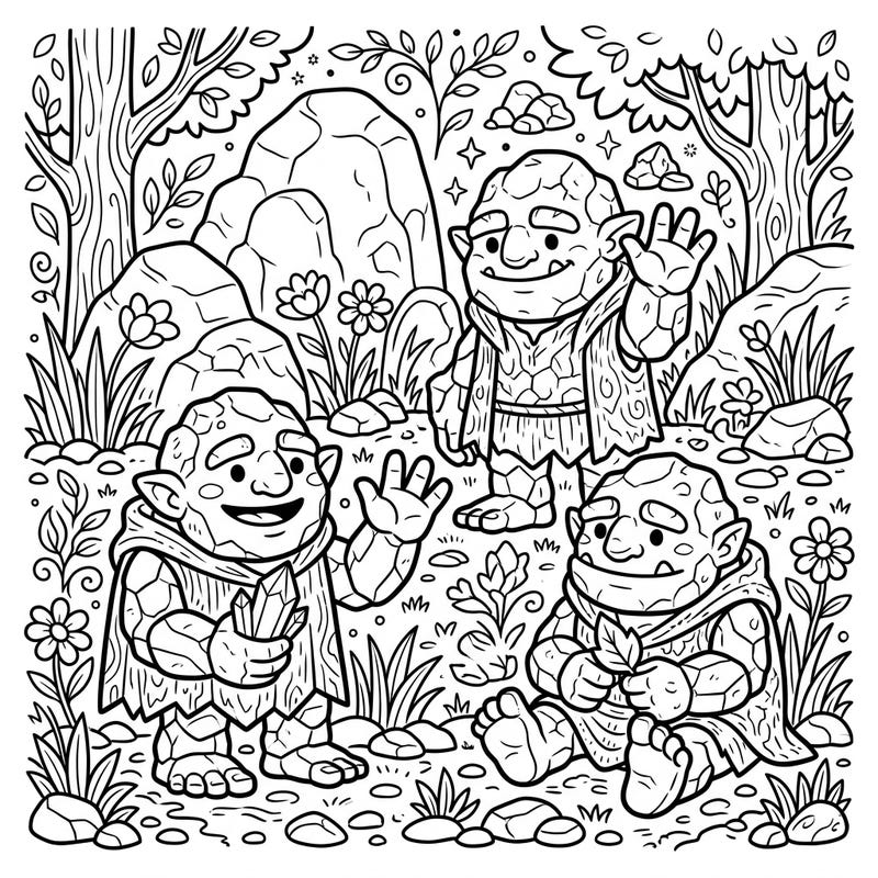 Dive into a world of rocky fun with this delightful coloring page featuring three charming Stone Trolls. Perfect for kids, this engaging scene encourages creativity and imaginative play as they bring the forest to life with color.