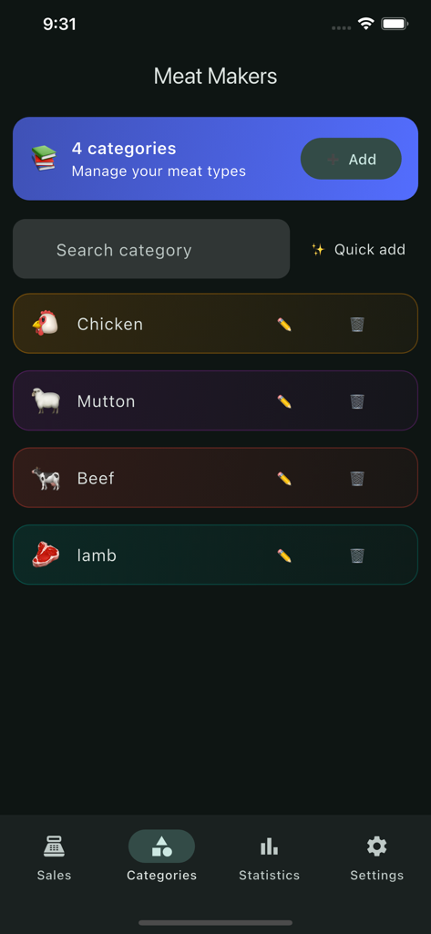 Meet Makkers - Meat Makers app interface showing a list of meat categories including chicken mutton beef and lamb for inventory management