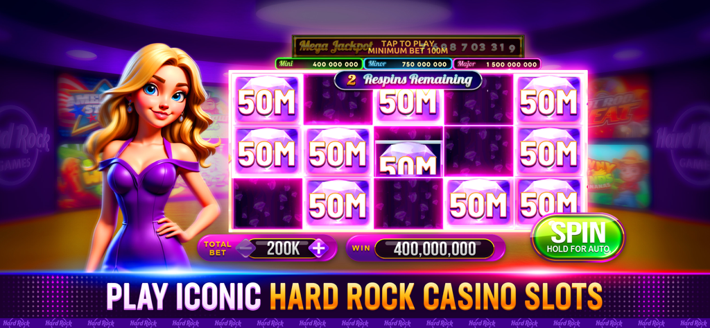 Hard Rock Neverland Casino slot machine interface with a large coin win and respins.