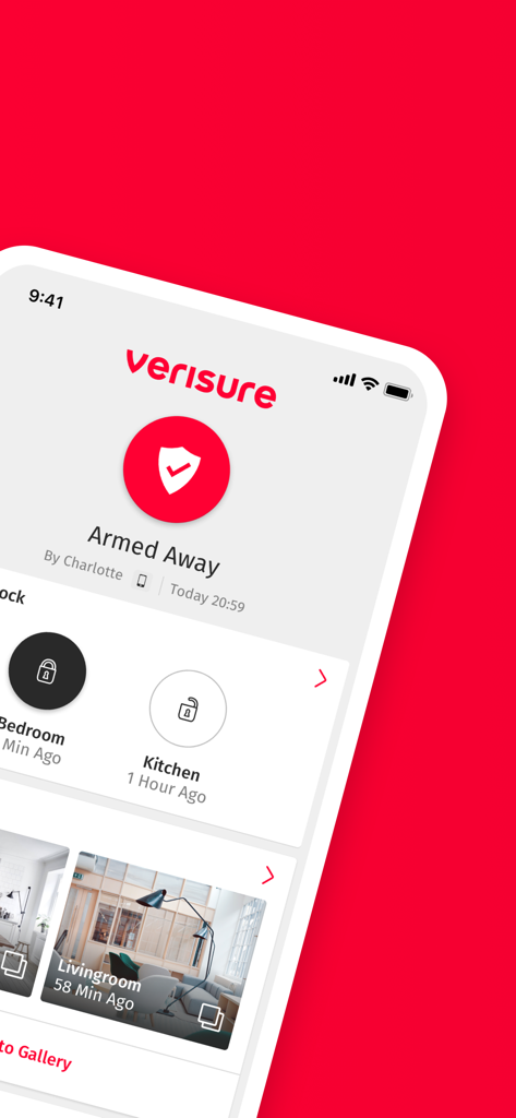 Verisure 모바일 앱 인터페이스, 작동 중인 외부 상태 및 스마트 홈 제어 표시