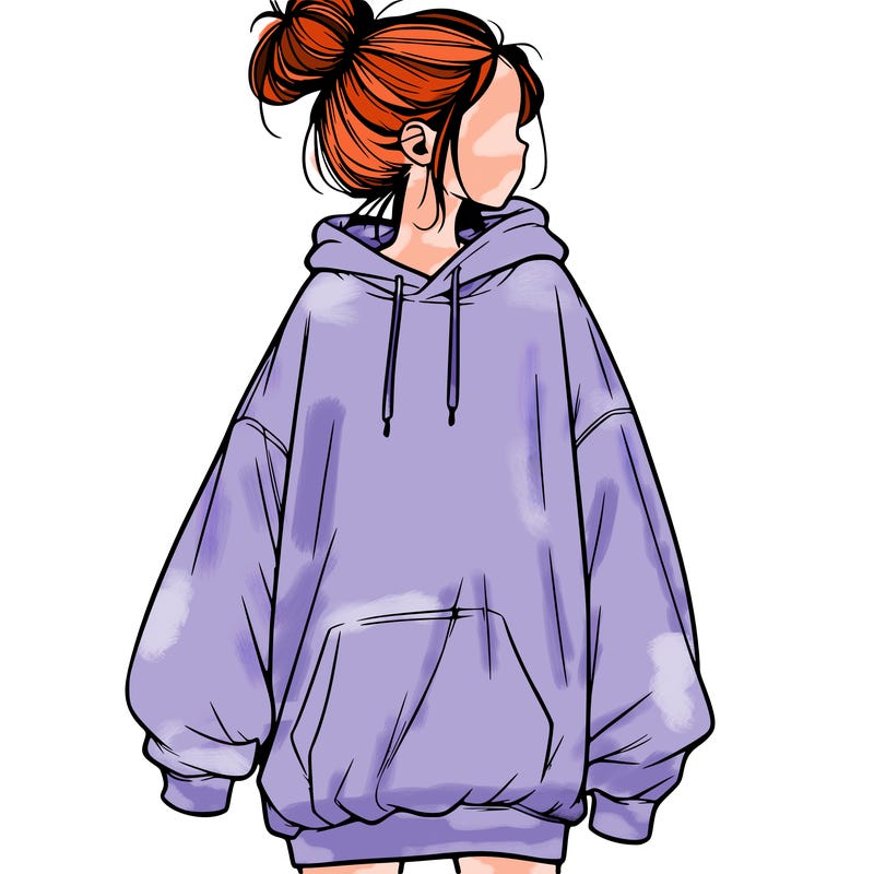 realistic girl with a oversized sweatshirt on and a bun