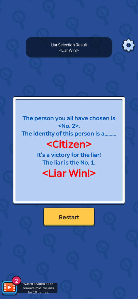 A victory screen in Liar Game Global announcing that the liar won after a citizen was incorrectly identified.