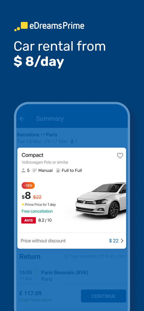Pantalla de la aplicación móvil eDreams Prime con una oferta de alquiler de coches a partir de 8 dólares por día.