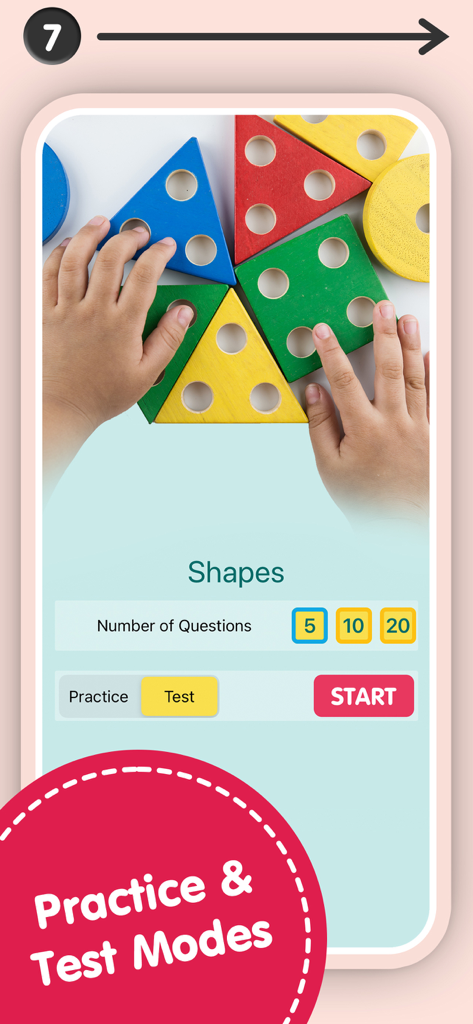 Smart Kidz Club math app practice and test modes screen for learning shapes