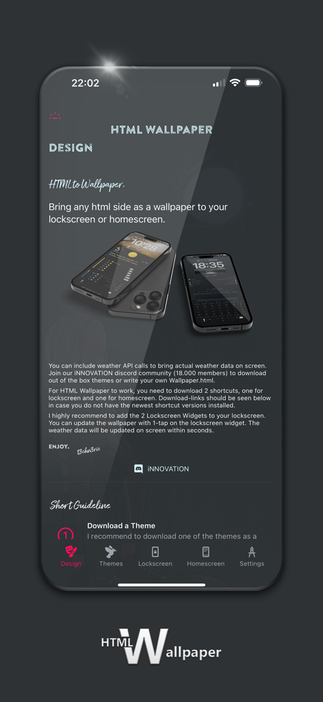 HTML壁紙アプリのインターフェース。iPhoneのロック画面とホーム画面をHTMLテーマでカスタマイズするオプションが表示されています。