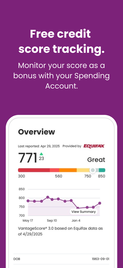 Interface do aplicativo móvel Ally mostrando um painel de rastreamento de pontuação de crédito gratuito com uma pontuação de 771 classificada como Ótima.