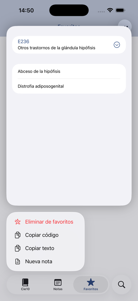 Interfaz que muestra opciones para copiar o añadir notas a un código médico favorito en la aplicación cie10 para CIE-10 en español