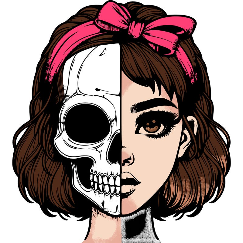 realistic girl with half skull mask