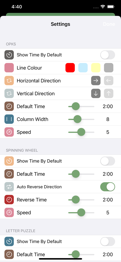 Settings interface of the Get In Balance app showing customizable parameters for vestibular rehabilitation exercises like speed and column width