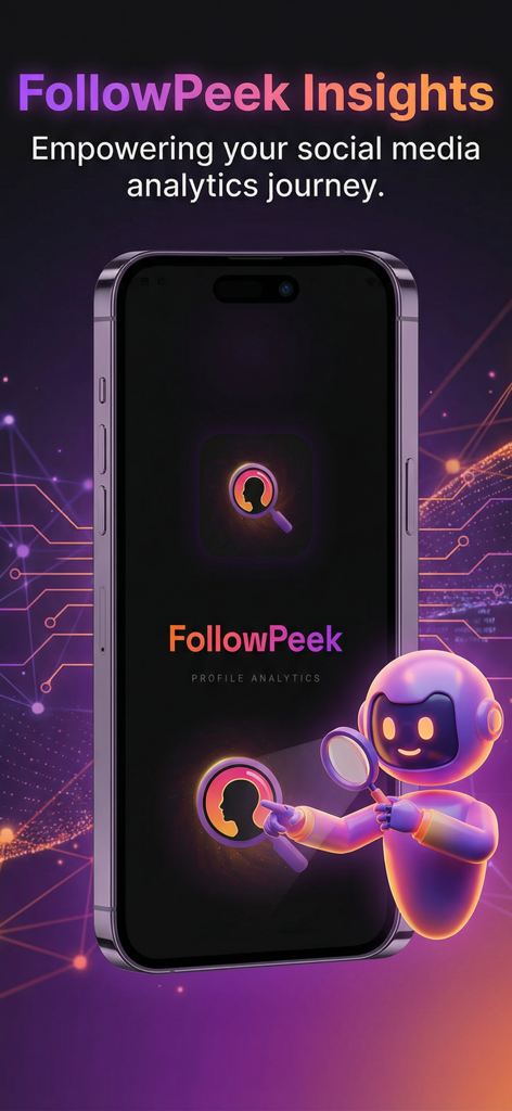 Aplicativo FollowPeek exibindo insights de análise de perfil com um robô mascote roxo