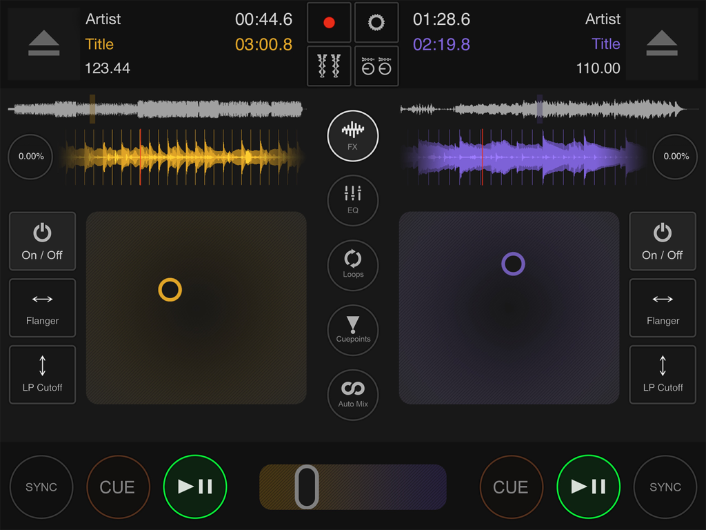 Professional dual deck DJ mixing interface with interactive waveforms and tempo controls