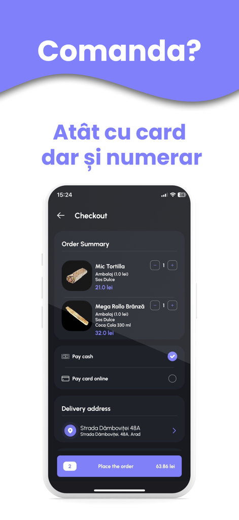Riveat: Food Ordering and More - Riveat app checkout screen showing food order summary and payment options for cash or card