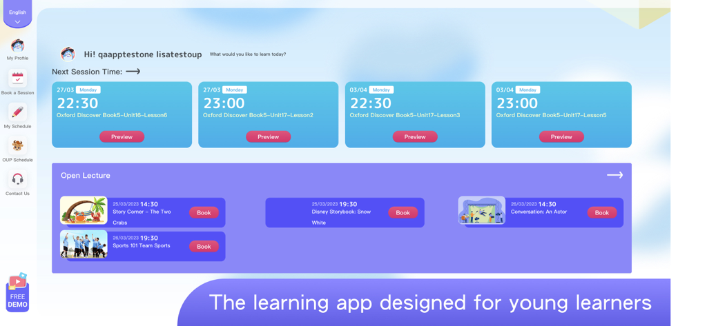 TutorABC Junior - TutorABC Junior app dashboard showing a schedule of upcoming live online classes and open lectures for kids