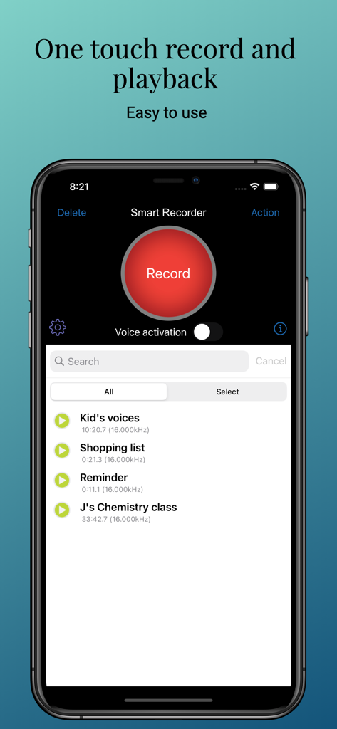 Smart Recorder and transcriber - Smart Recorder app interface showing a large red record button and a list of saved voice memos