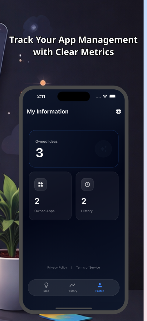App Hub : Manage & Plan Apps - App Hub profile screen showing development metrics for owned ideas and apps history