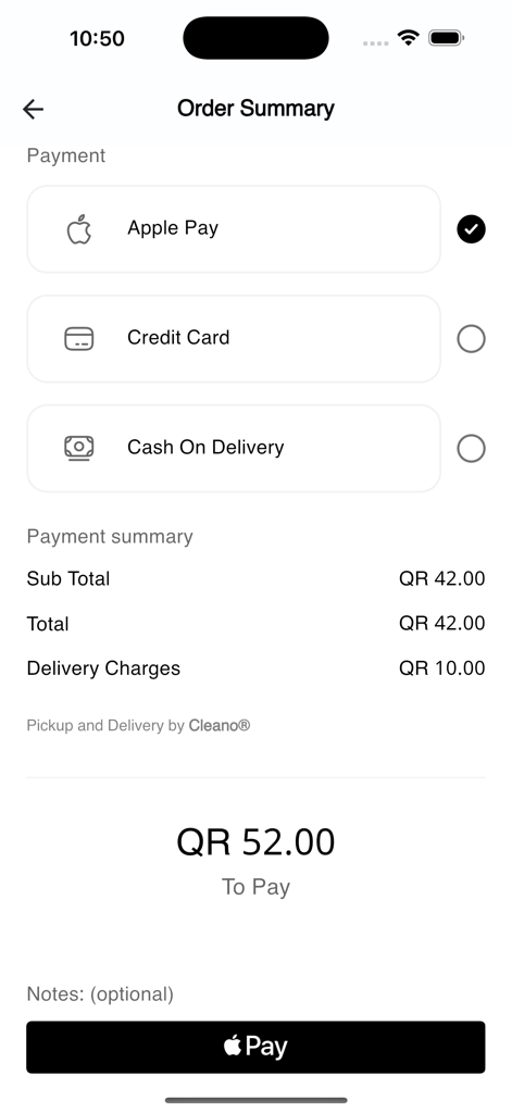 Cleano | كلينو - Cleano app checkout screen showing Apple Pay selection and order total