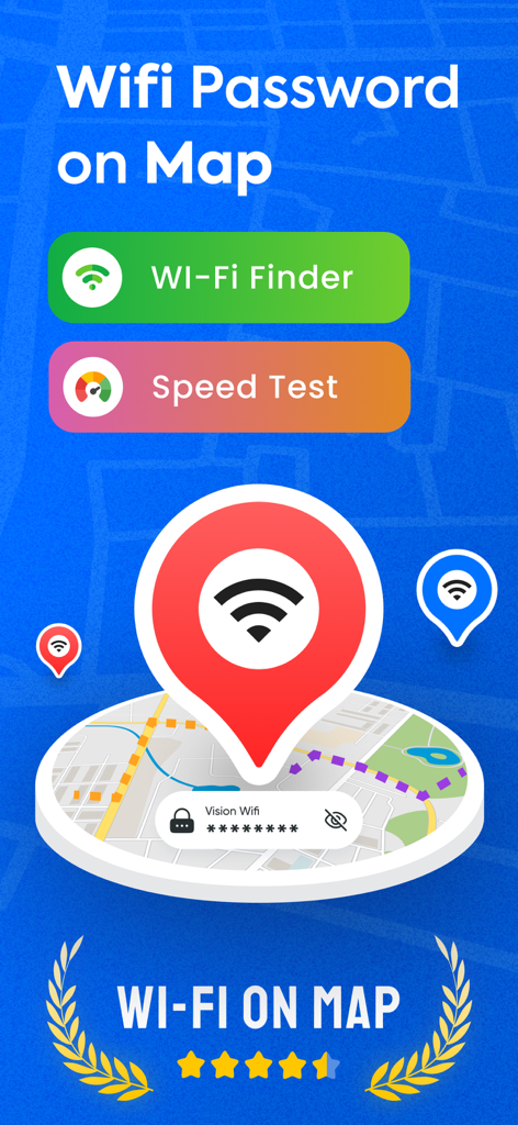 WiFi Password Map app interface showing wifi finder speed test and hotspot locations on a map